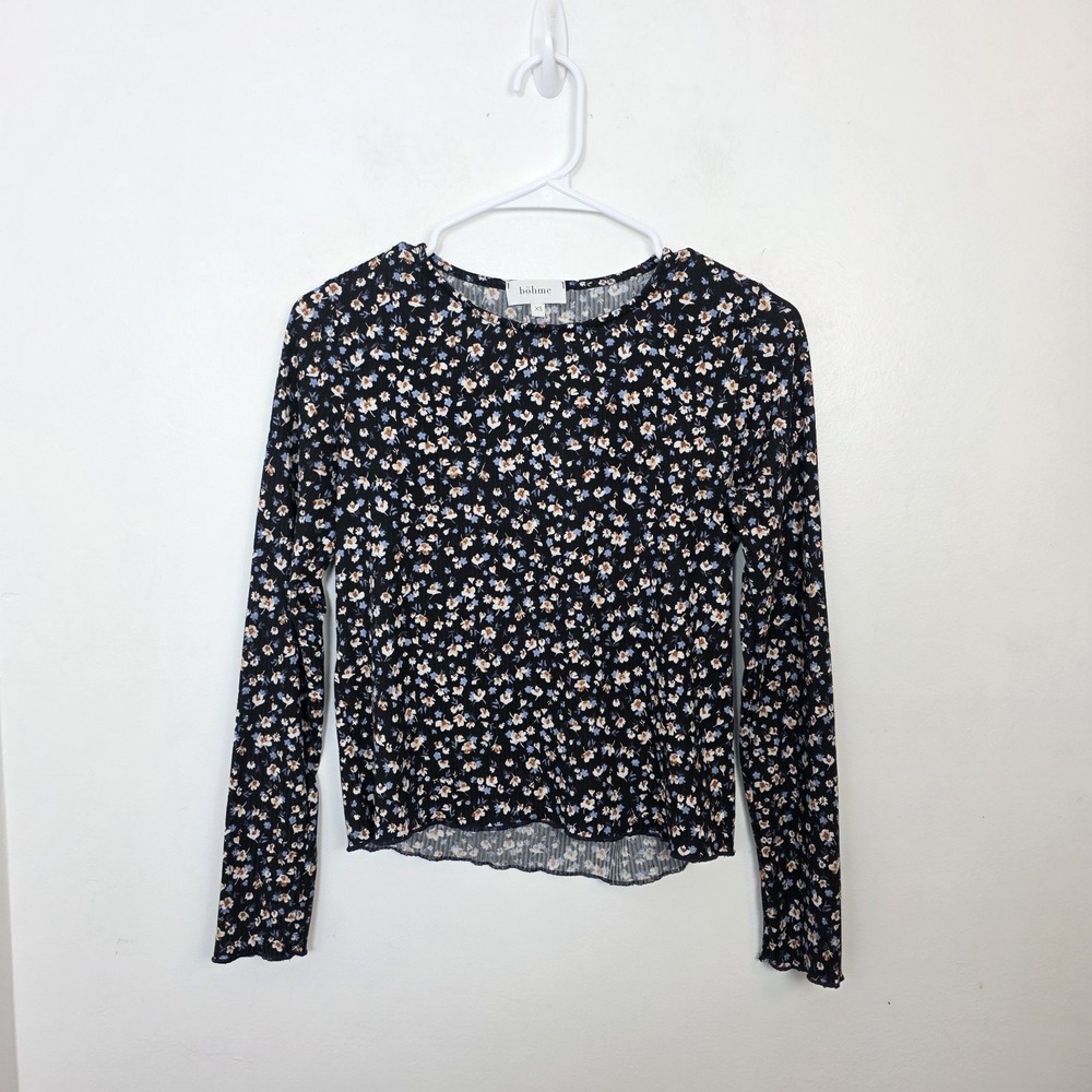 Bohme Black Multicolor Floral Ribbed Long‎ Sleeve Dainty Casual Cute Tee Size XS